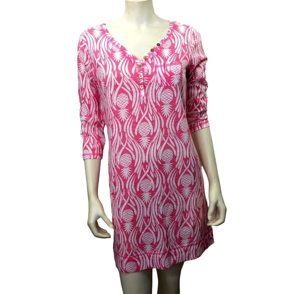 CARRIBEAN JOE PINEAPPLE PRINT‎ PINK DRESS 3/4 SLEEVES size SM